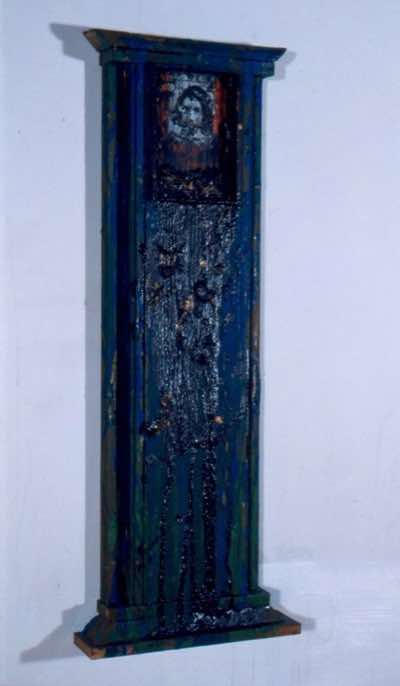 Mixed media on wood salvaged from the Edmonton Art Gallery and cigar box